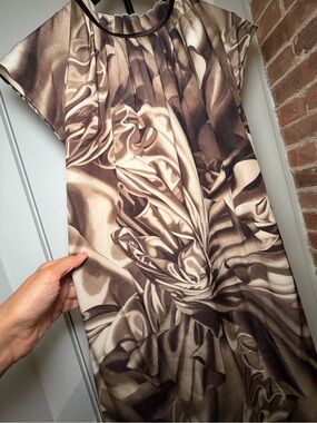Escada Elegant Trompe L’œil Satin Bow Printed Silk Midi Dress